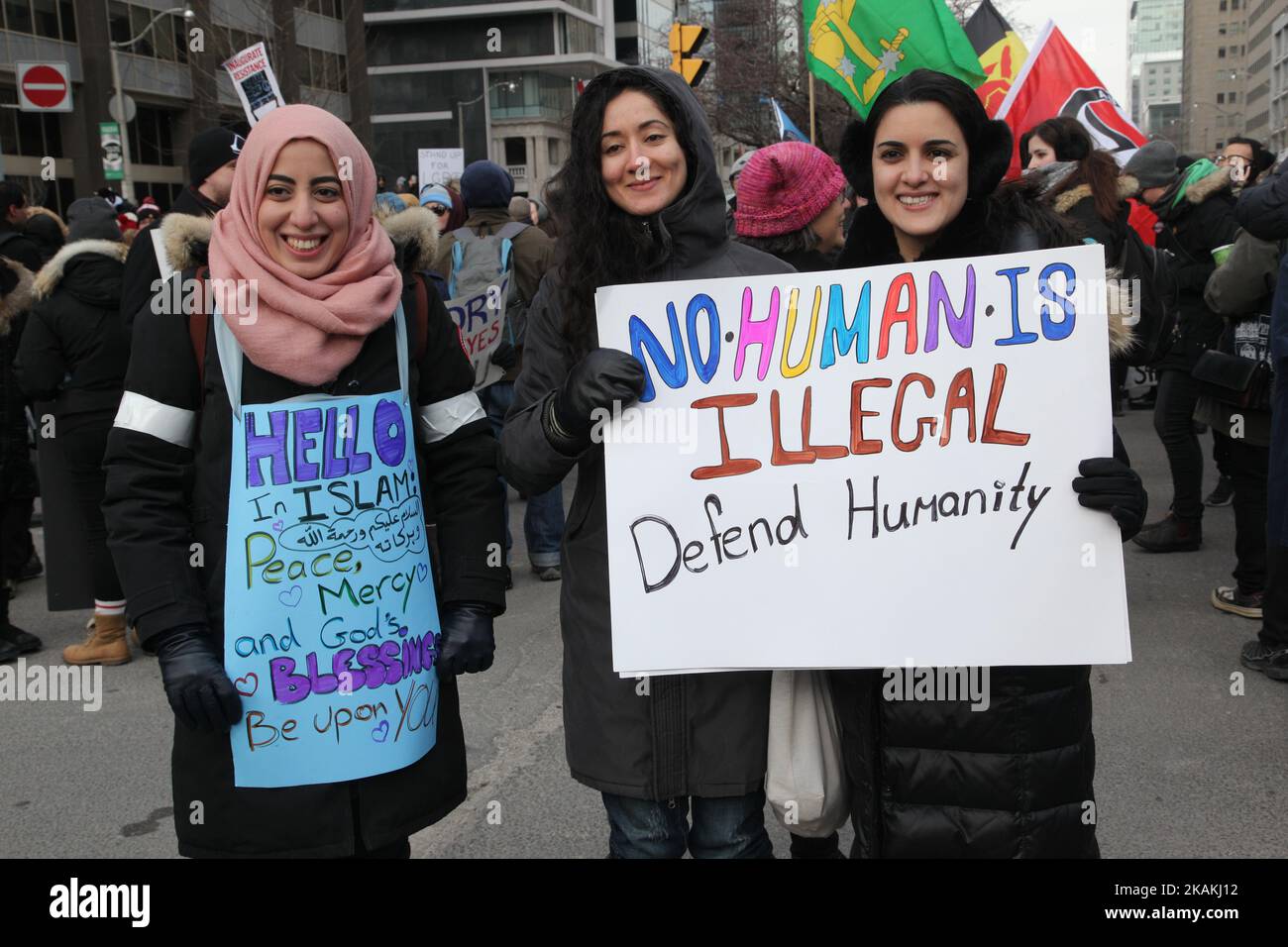 Thousands of Canadians took part in a massive protest against President Trump's travel ban on Muslims during the National Day of Action against Islamophobia and White Supremacy in downtown Toronto, Ontario, Canada, on February 04, 2017. Canadians joined countries around the world in protesting against American President Donald Trump's executive order, banning citizens of seven majority Muslim countries (Iran, Iraq, Sudan, Somalia, Syria, Yemen and Libya) from entering the United States for the next three months and banning Syrian refugees from indefinitely entering America. (Photo by Creative  Stock Photo