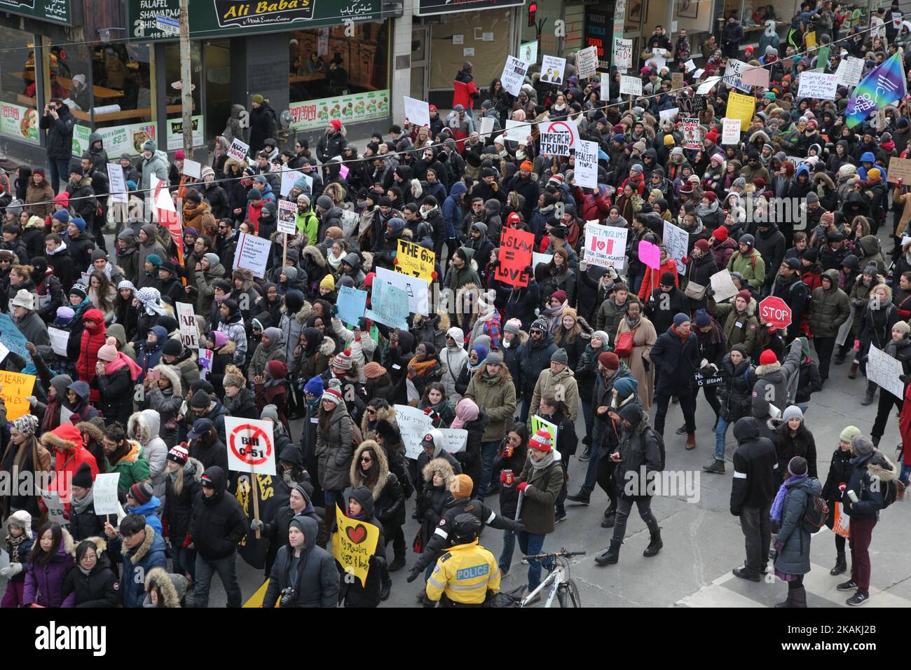 Thousands of Canadians took part in a massive protest against President Trump's travel ban on Muslims during the National Day of Action against Islamophobia and White Supremacy in downtown Toronto, Ontario, Canada, on February 04, 2017. Canadians joined countries around the world in protesting against American President Donald Trump's executive order, banning citizens of seven majority Muslim countries (Iran, Iraq, Sudan, Somalia, Syria, Yemen and Libya) from entering the United States for the next three months and banning Syrian refugees from indefinitely entering America. (Photo by Creative  Stock Photo