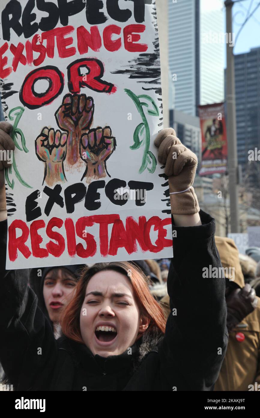 Thousands of Canadians take part in a massive protest against President Trump's travel ban on Muslims during the National Day of Action against Islamophobia and White Supremacy in downtown Toronto, Ontario, Canada, on February 04, 2017. Canadians joined countries around the world in protesting against American President Donald Trump's executive order, banning citizens of seven majority Muslim countries (Iran, Iraq, Sudan, Somalia, Syria, Yemen and Libya) from entering the United States for the next three months and banning Syrian refugees from indefinitely entering America. (Photo by Creative  Stock Photo