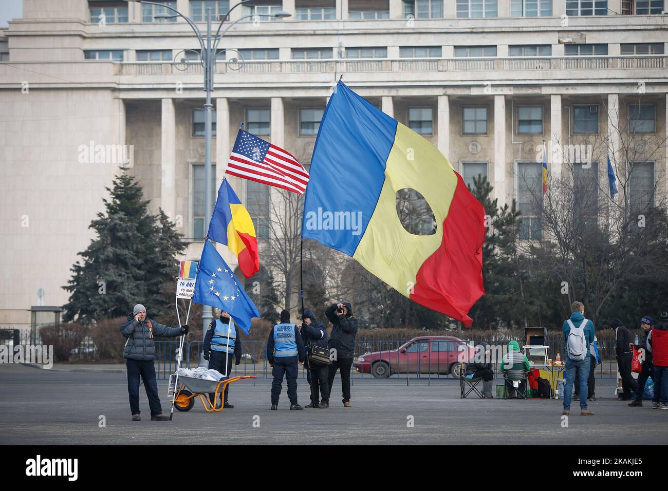 Protesters are seen on Piata Vitoriei, Vicgtory Square in front of government headquarters on 6 February, 2017. Mass demonstrations against government easing on graft legislation have been continuing for almost a full week. (Photo by Jaap Arriens/NurPhoto) *** Please Use Credit from Credit Field *** Stock Photo