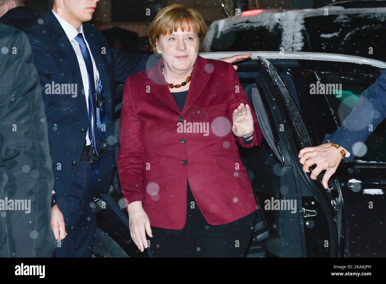 The Chancellor of Germany, Angela Merkel, arrives to meet the Leader of PiS (Law and Justice), Jaroslaw Kaczynski, during her visit to Poland, Hotel Bristol on Tuesday, 7 February 2017, in Warsaw, Poland (Photo by Artur Widak/NurPhoto) *** Please Use Credit from Credit Field *** Stock Photo