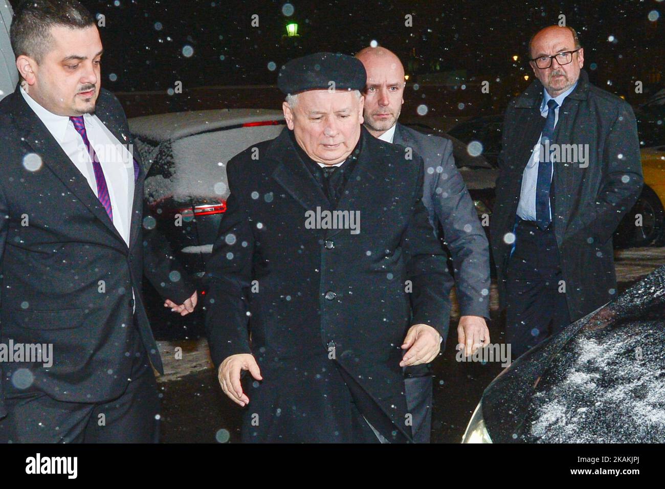 The Leader of PiS (Law and Justice), Jaroslaw Kaczynski, arrives to meet the Chancellor of Germany, Angela Merkel, during her visit to Poland, Hotel Bristol on Tuesday, 7 February 2017, in Warsaw, Poland (Photo by Artur Widak/NurPhoto) *** Please Use Credit from Credit Field *** Stock Photo