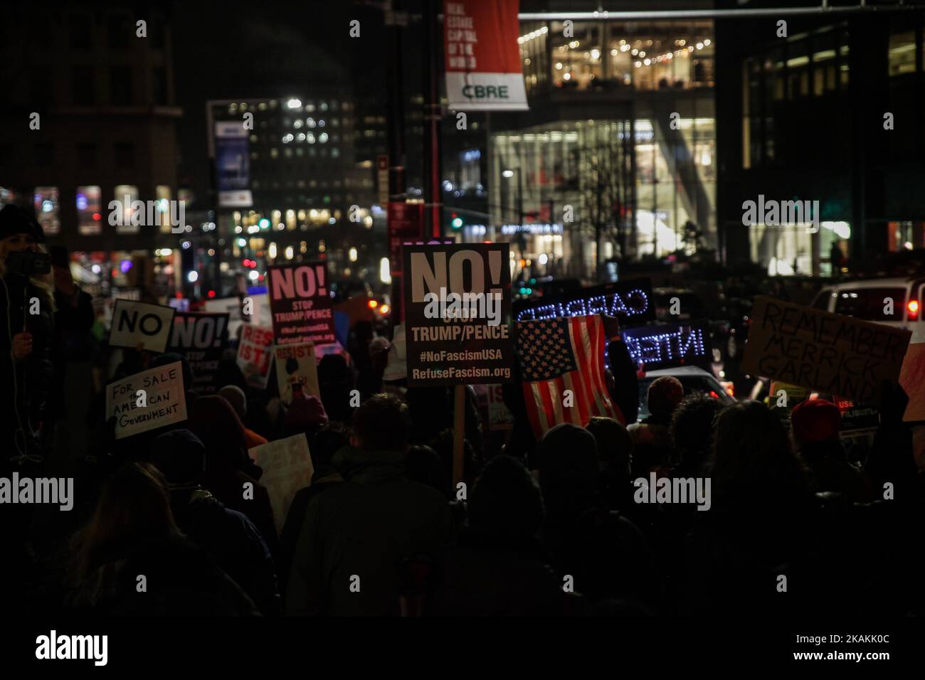 NYCC is protesting due to the recent comments from Donald Trump on rolling back Dodd-Frank and his recent Finanical Executive Order written by former Goldman employee Gary Cohn at Liberty St near Federal Reserve Bank of New York, NY, USA, 7 february 2017. Last week President Donald Trump announced he was rolling back #DoddFrank and bringing on Jamie Dimon, CEO of J.P Morgan Chase as an advisor to that rollback. Trump's exact quote was Â“We expect to be cutting a lot out of Dodd-Frank because, frankly, I have so many people, friends of mine, who have nice businesses who canÂ’t borrow money. The Stock Photo