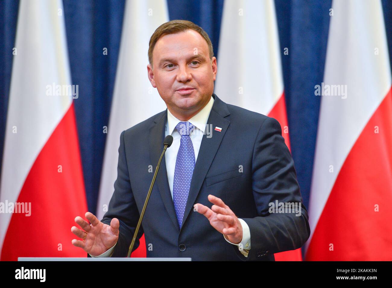 The President of Poland Andrzej Duda (pictured), and the Minister of Labour and Social Policy, Elzbieta Rafalska, arrive for the press conference making the first bilan of the Child Benefit Programme 'Family 500+' in the Presidential Palace in Warsaw. On Wednesday, 8 February 2017, in Warsaw, Poland. (Photo by Artur Widak/NurPhoto) *** Please Use Credit from Credit Field ***  Stock Photo