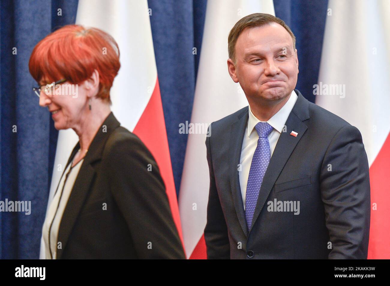 The President of Poland, Andrzej Duda and the Minister of Labour and Social Policy, Elzbieta Rafalska, arrive for the press conference making the first bilan of the Child Benefit Programme 'Family 500+' in the Presidential Palace in Warsaw. On Wednesday, 8 February 2017, in Warsaw, Poland. (Photo by Artur Widak/NurPhoto) *** Please Use Credit from Credit Field ***  Stock Photo