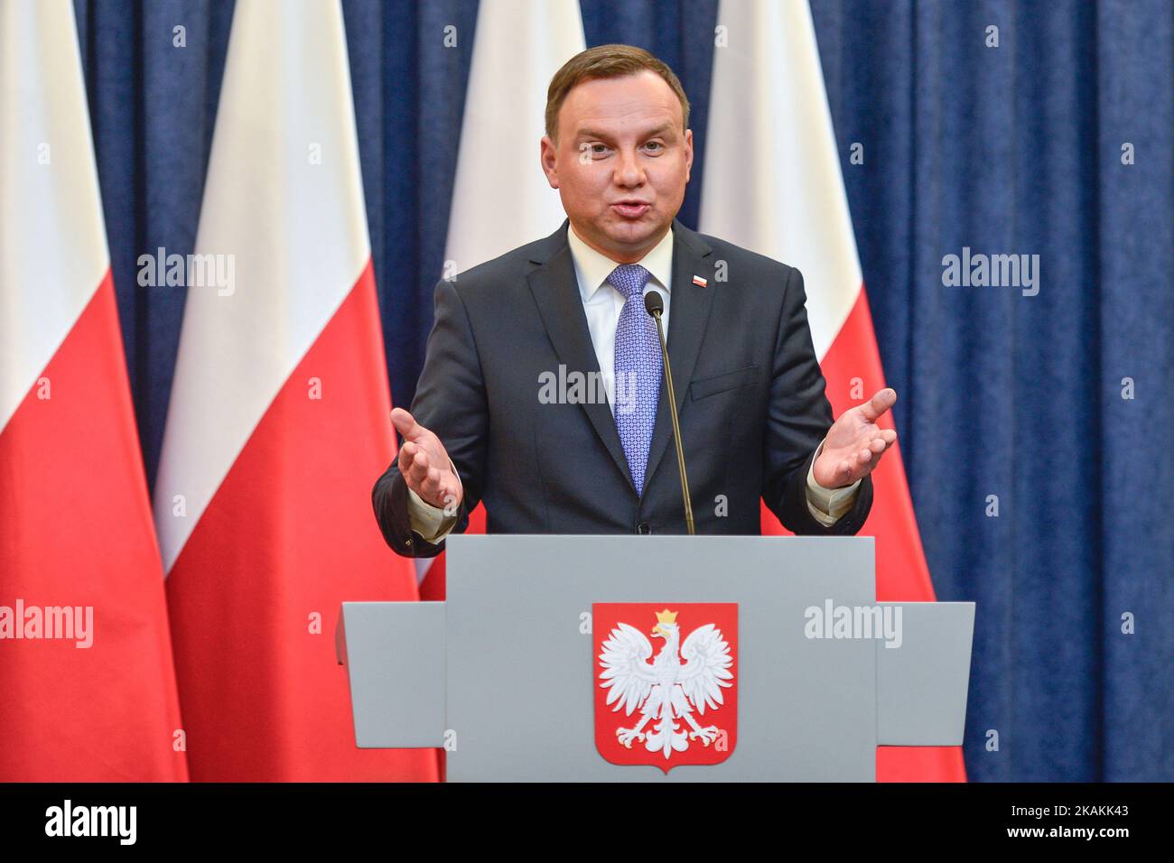 The President of Poland, Andrzej Duda and the Minister of Labour and Social Policy, Elzbieta Rafalska, arrive for the press conference making the first bilan of the Child Benefit Programme 'Family 500+' in the Presidential Palace in Warsaw. On Wednesday, 8 February 2017, in Warsaw, Poland. (Photo by Artur Widak/NurPhoto) *** Please Use Credit from Credit Field ***  Stock Photo