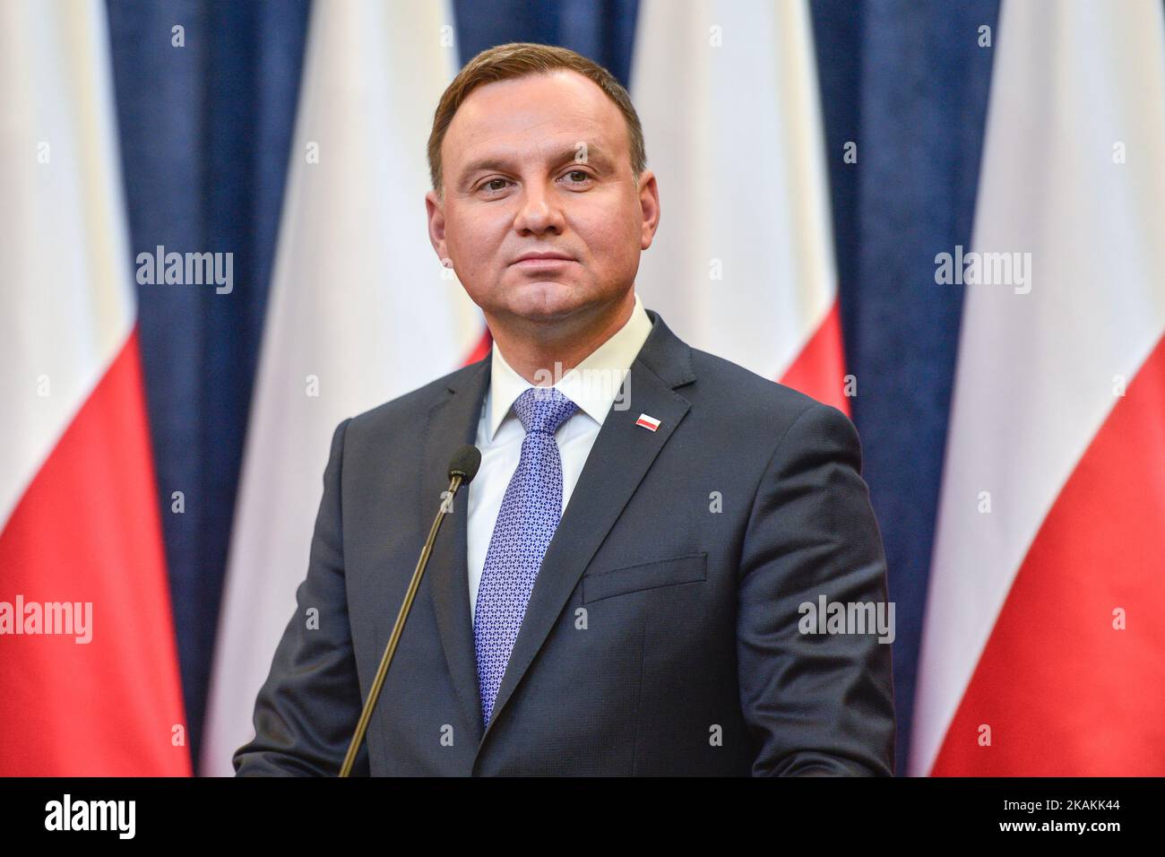 The President of Poland Andrzej Duda (pictured), and the Minister of Labour and Social Policy, Elzbieta Rafalska, arrive for the press conference making the first bilan of the Child Benefit Programme 'Family 500+' in the Presidential Palace in Warsaw. On Wednesday, 8 February 2017, in Warsaw, Poland. (Photo by Artur Widak/NurPhoto) *** Please Use Credit from Credit Field ***  Stock Photo