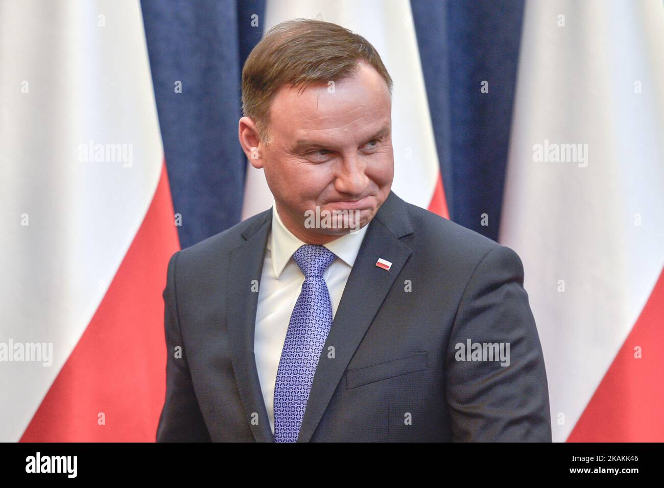 The President of Poland Andrzej Duda (pictured), and the Minister of Labour and Social Policy, Elzbieta Rafalska, arrive for the press conference making the first bilan of the Child Benefit Programme 'Family 500+' in the Presidential Palace in Warsaw. On Wednesday, 8 February 2017, in Warsaw, Poland. (Photo by Artur Widak/NurPhoto) *** Please Use Credit from Credit Field ***  Stock Photo