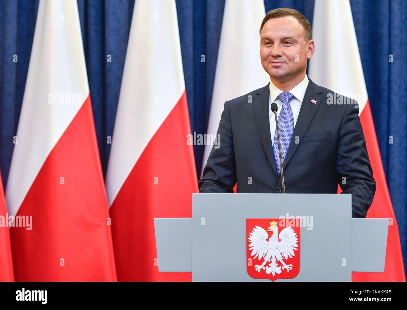The President of Poland (pictured), Andrzej Duda and the Minister of Labour and Social Policy, Elzbieta Rafalska, arrive for the press conference making the first bilan of the Child Benefit Programme 'Family 500+' in the Presidential Palace in Warsaw. On Wednesday, 8 February 2017, in Warsaw, Poland. (Photo by Artur Widak/NurPhoto) *** Please Use Credit from Credit Field ***  Stock Photo