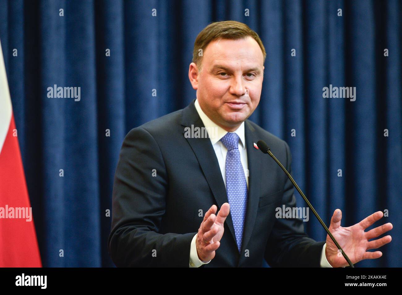 The President of Poland (pictured), Andrzej Duda and the Minister of Labour and Social Policy, Elzbieta Rafalska, arrive for the press conference making the first bilan of the Child Benefit Programme 'Family 500+' in the Presidential Palace in Warsaw. On Wednesday, 8 February 2017, in Warsaw, Poland. (Photo by Artur Widak/NurPhoto) *** Please Use Credit from Credit Field ***  Stock Photo