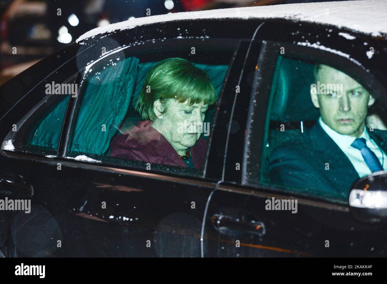 The Chancellor of Germany, Angela Merkel, leaves the Bristol Hotel after she met the Leader of PiS (Law and Justice), Jaroslaw Kaczynski, during her visit to Poland. On Tuesday, 7 February 2017, in Warsaw, Poland. (Photo by Artur Widak/NurPhoto) *** Please Use Credit from Credit Field ***  Stock Photo
