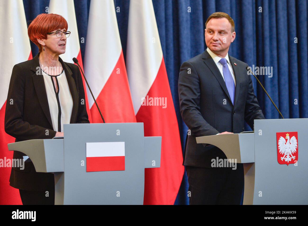 The President of Poland, Andrzej Duda and the Minister of Labour and Social Policy, Elzbieta Rafalska, arrive for the press conference making the first bilan of the Child Benefit Programme 'Family 500+' in the Presidential Palace in Warsaw. On Wednesday, 8 February 2017, in Warsaw, Poland. (Photo by Artur Widak/NurPhoto) *** Please Use Credit from Credit Field ***  Stock Photo