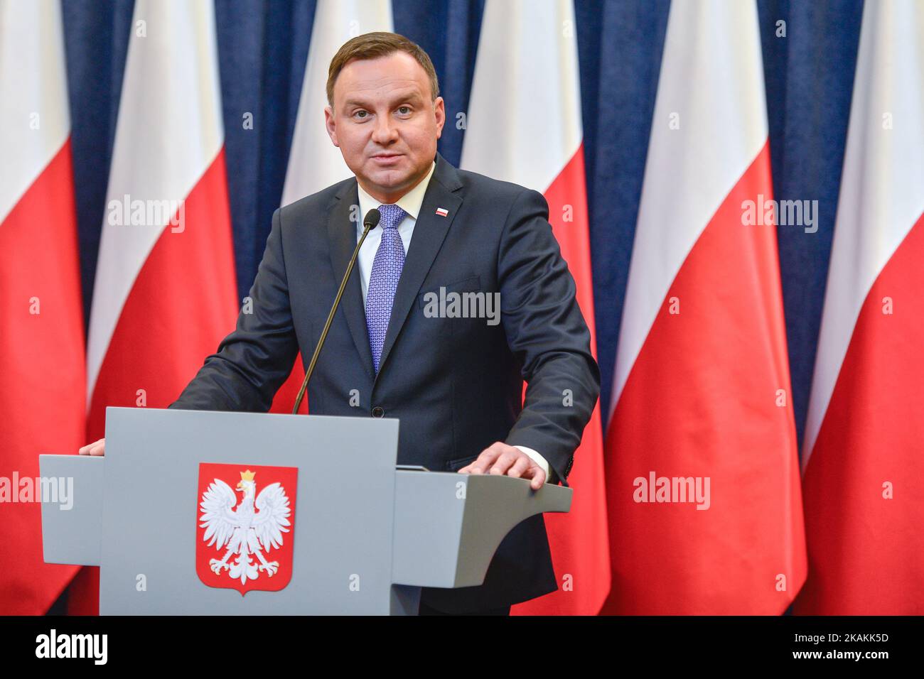 The President of Poland Andrzej Duda (pictured), and the Minister of Labour and Social Policy, Elzbieta Rafalska, arrive for the press conference making the first bilan of the Child Benefit Programme 'Family 500+' in the Presidential Palace in Warsaw. On Wednesday, 8 February 2017, in Warsaw, Poland. (Photo by Artur Widak/NurPhoto) *** Please Use Credit from Credit Field ***  Stock Photo