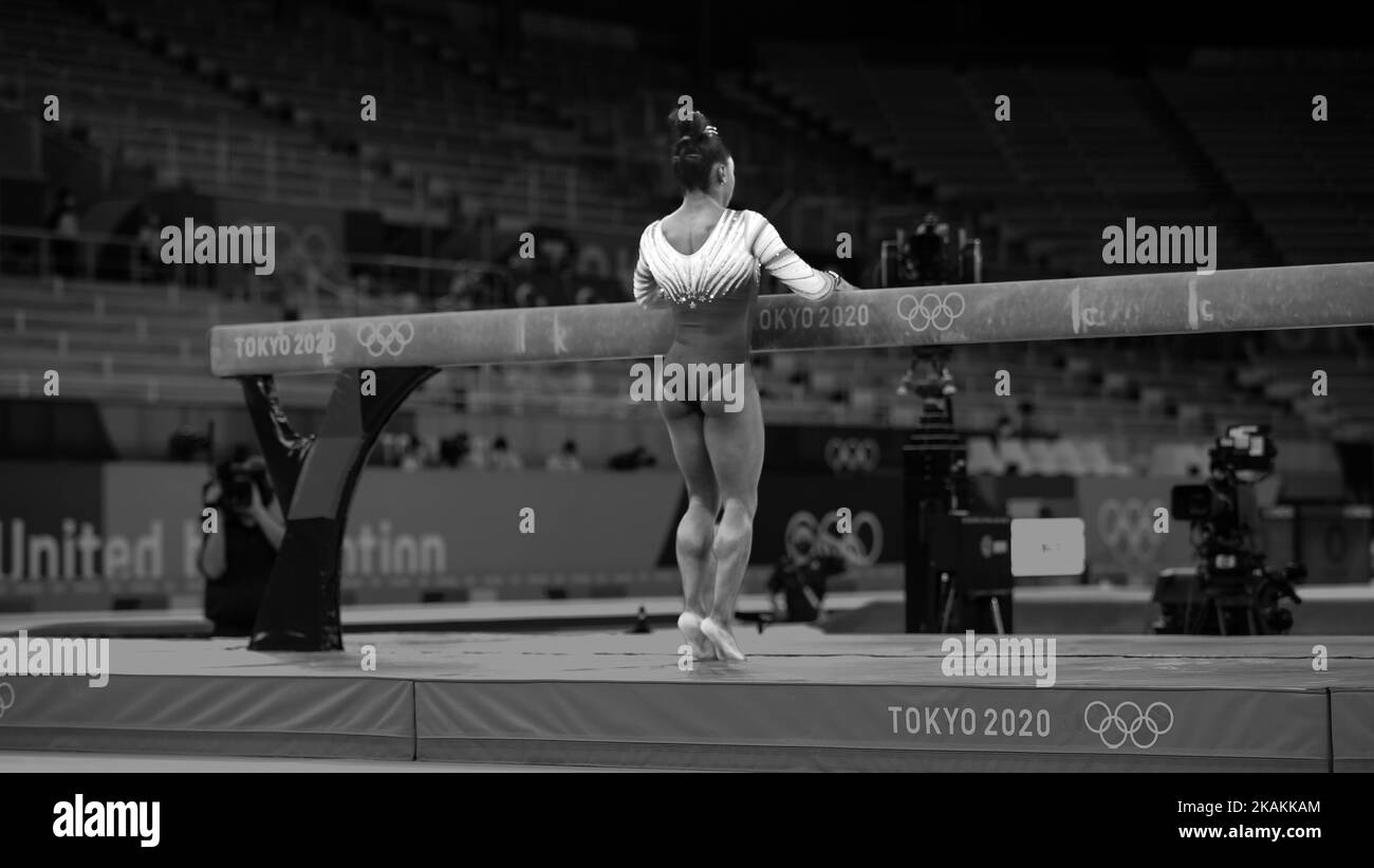 AUGUST 03rd, 2021 - TOKYO, JAPAN: Simone BILES of United States performs at the Women's Balance beam during the Artistic Gymnastics Apparatus Finals at the Tokyo 2020 Olympic Games (Photo by Mickael Chavet/RX) Stock Photo