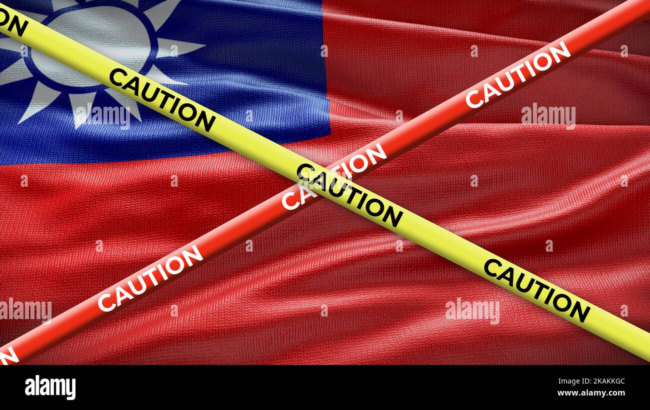Taiwan country national flag with caution yellow tape. Issue in country news. 3D illustration. Stock Photo