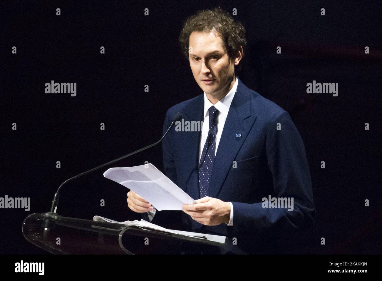 John Elkan the chairman of Editrice La Stampa speaks during the 150th anniversary of foundation of italian newspaper La Stampa at Auditorium Giovanni Agnelli at Lingotto in Turin, Italy on February 9, 2017. At the event were present many celebrities in particular the Italian president Sergio Mattarella, John Elkann and Sergio Marchionne. (Photo by Mauro Ujetto/NurPhoto) *** Please Use Credit from Credit Field *** Stock Photo