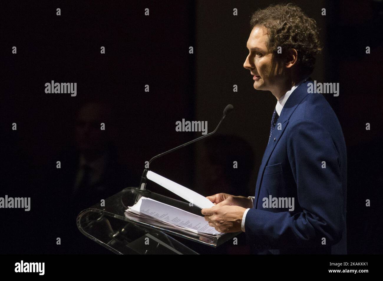 John Elkan the chairman of Editrice La Stampa speaks during the 150th anniversary of foundation of italian newspaper La Stampa at Auditorium Giovanni Agnelli at Lingotto in Turin, Italy on February 9, 2017. At the event were present many celebrities in particular the Italian president Sergio Mattarella, John Elkann and Sergio Marchionne. (Photo by Mauro Ujetto/NurPhoto) *** Please Use Credit from Credit Field *** Stock Photo