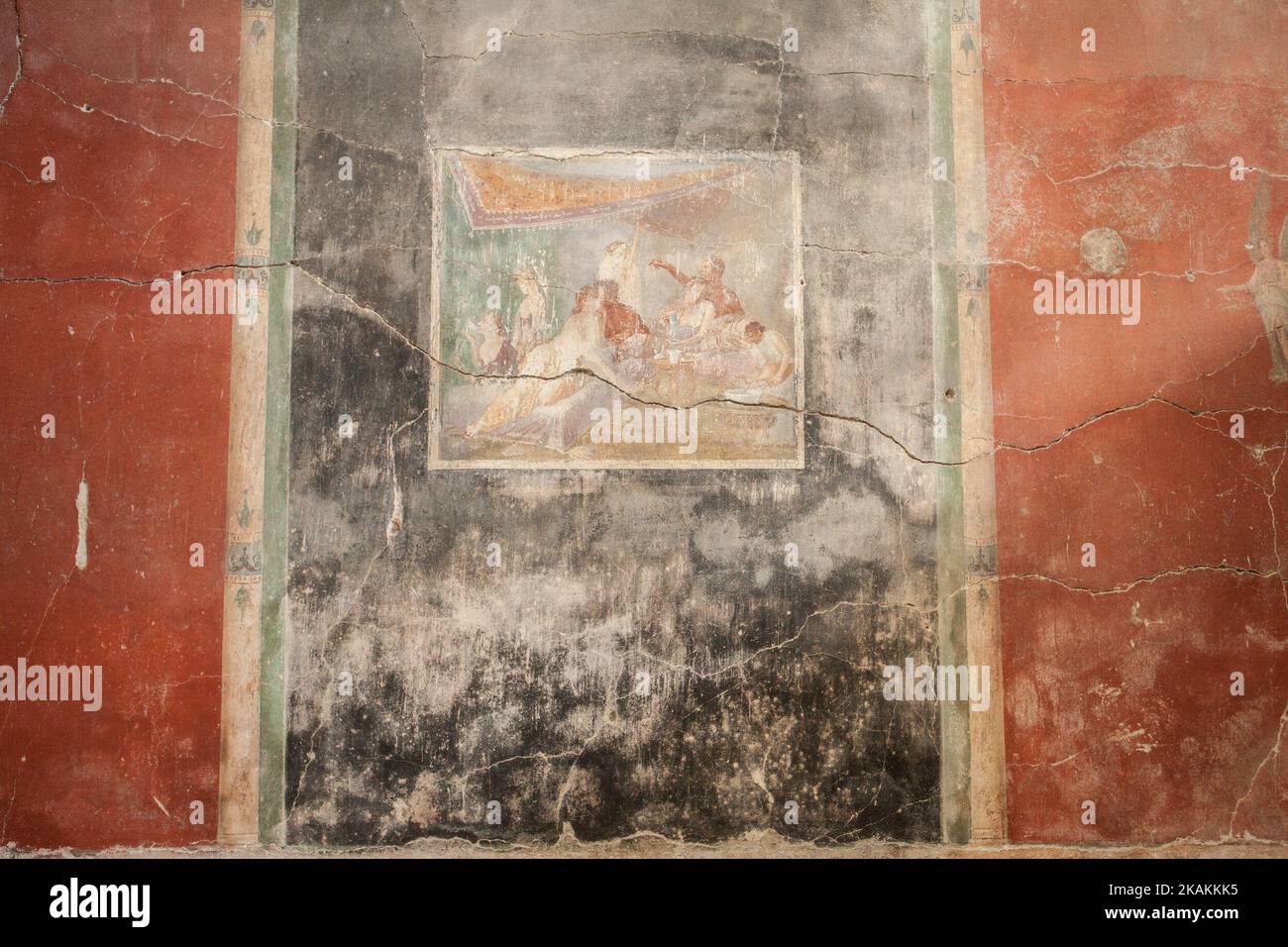 A fresco into the insula of the Chaste Lovers into the archeological ruins of Pompeii, along Via dell'Abbondanza, on February 8, 2017. The Domus of the Chaste Lovers will be open to the public in extraordinary session from Saturday 11 to Tuesday 14 of February on the occasion of St. Valentine's Day. After it will be closed for about four years to enable the complete restoration, enhancement and reconfiguration of the area. (Photo by Paolo Manzo/NurPhoto) *** Please Use Credit from Credit Field *** Stock Photo