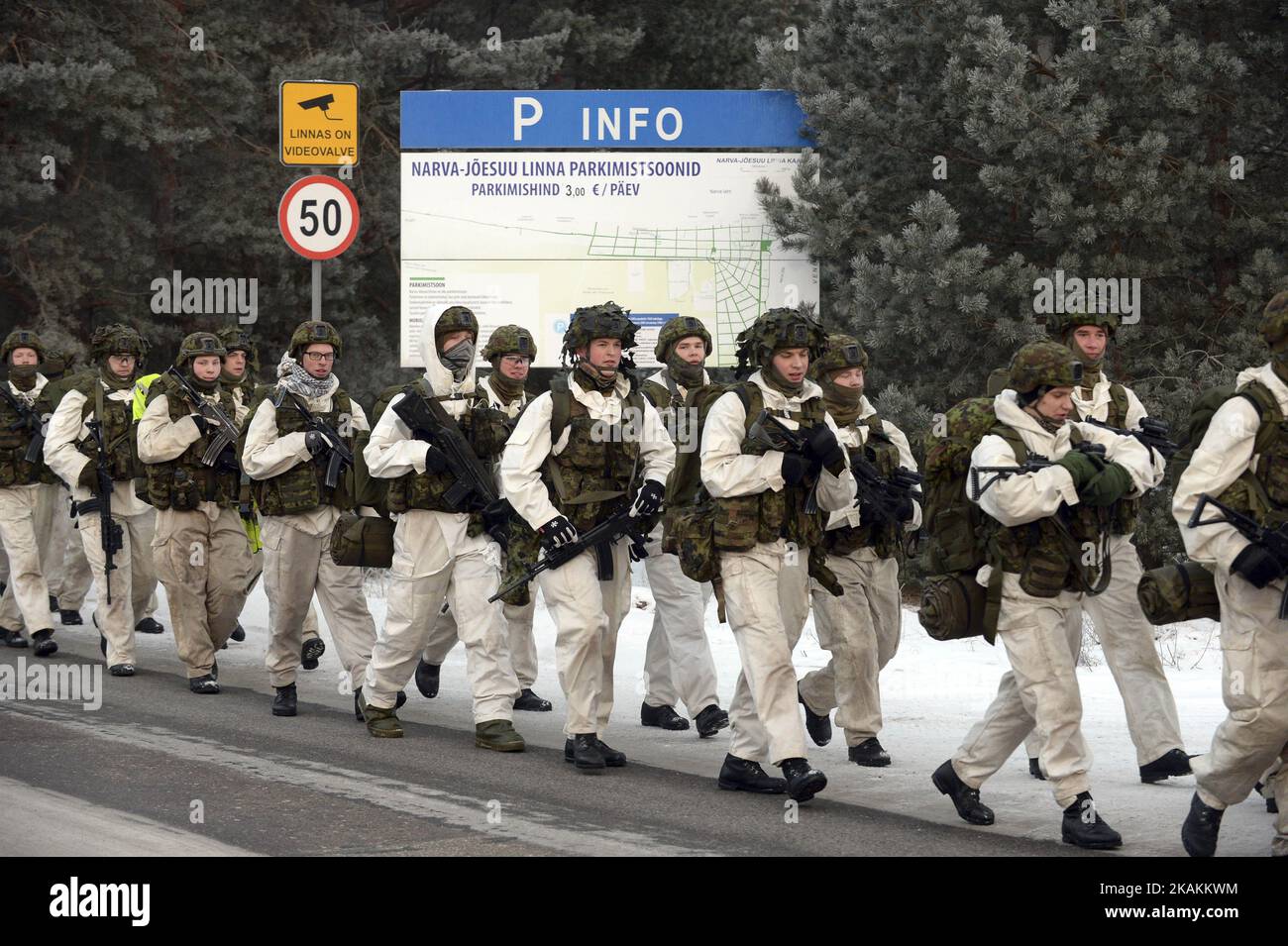 Estonian Army scouts marching on the NarvaJoesuu Narva road during