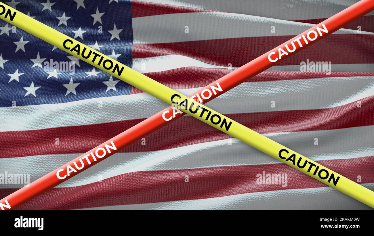 USA United States of America country national flag with caution yellow tape. Issue in country news. 3D illustration. Stock Photo