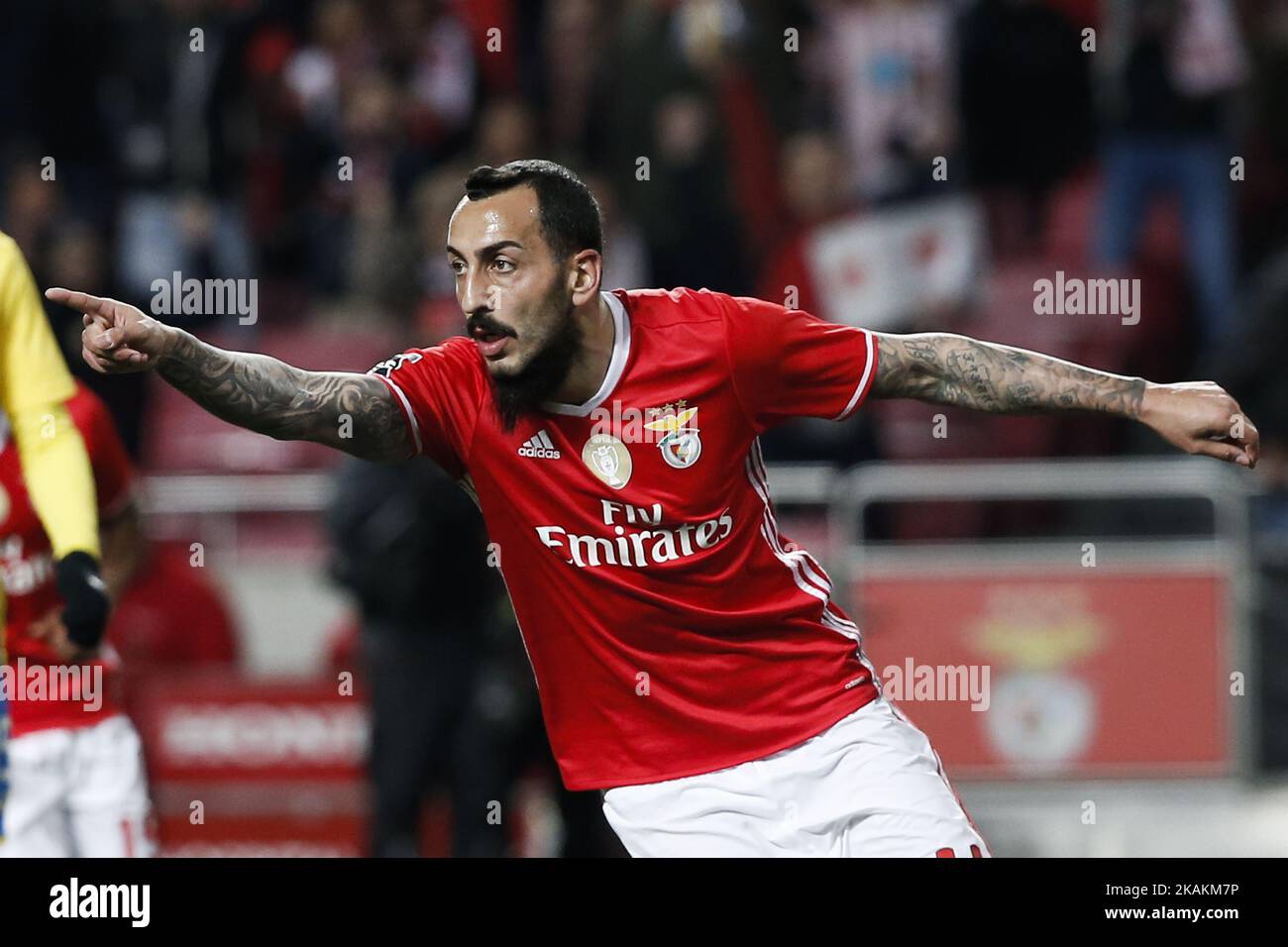 Benfica's forward Kostas Mitroglou celebrates his first goal during Premier League 2016/17 match between SL Benfica vs FC Arouca, in Lisbon, on February 10, 2017. (Photo by Carlos Palma/NurPhoto) *** Please Use Credit from Credit Field *** Stock Photo