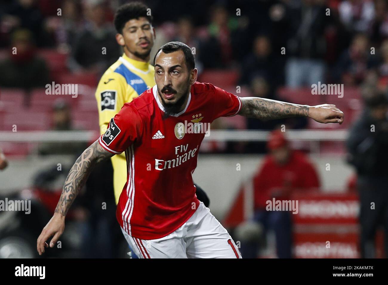 Benfica's forward Kostas Mitroglou celebrates his first goal during Premier League 2016/17 match between SL Benfica vs FC Arouca, in Lisbon, on February 10, 2017. (Photo by Carlos Palma/NurPhoto) *** Please Use Credit from Credit Field *** Stock Photo