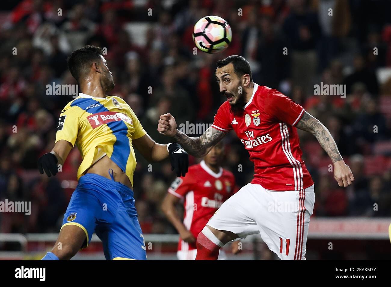Benfica's forward Kostas Mitroglou (R) vies for the ball with Arouca's defender Jubal (L) during Premier League 2016/17 match between SL Benfica vs FC Arouca, in Lisbon, on February 10, 2017. (Photo by Carlos Palma/NurPhoto) *** Please Use Credit from Credit Field *** Stock Photo
