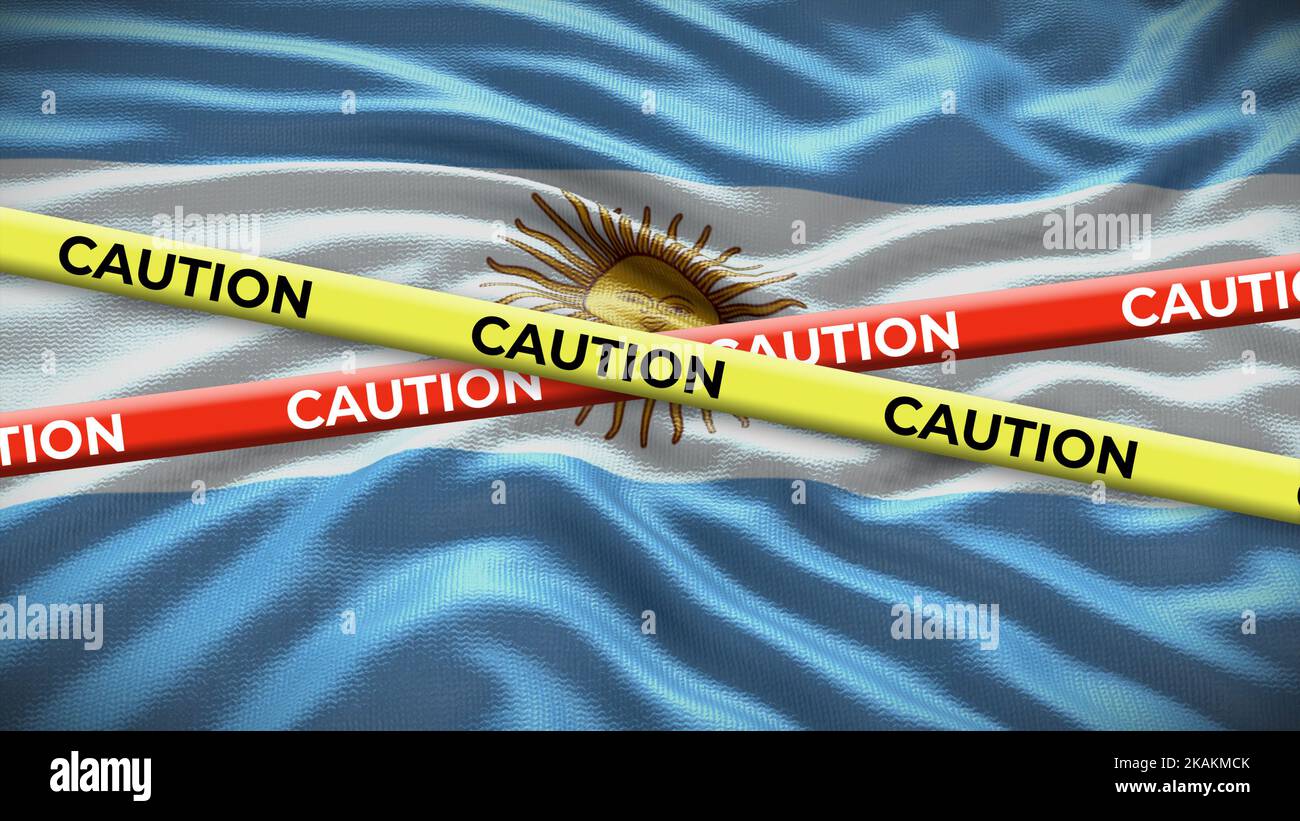Argentina country national flag with caution yellow tape. Issue in country news. 3D illustration. Stock Photo