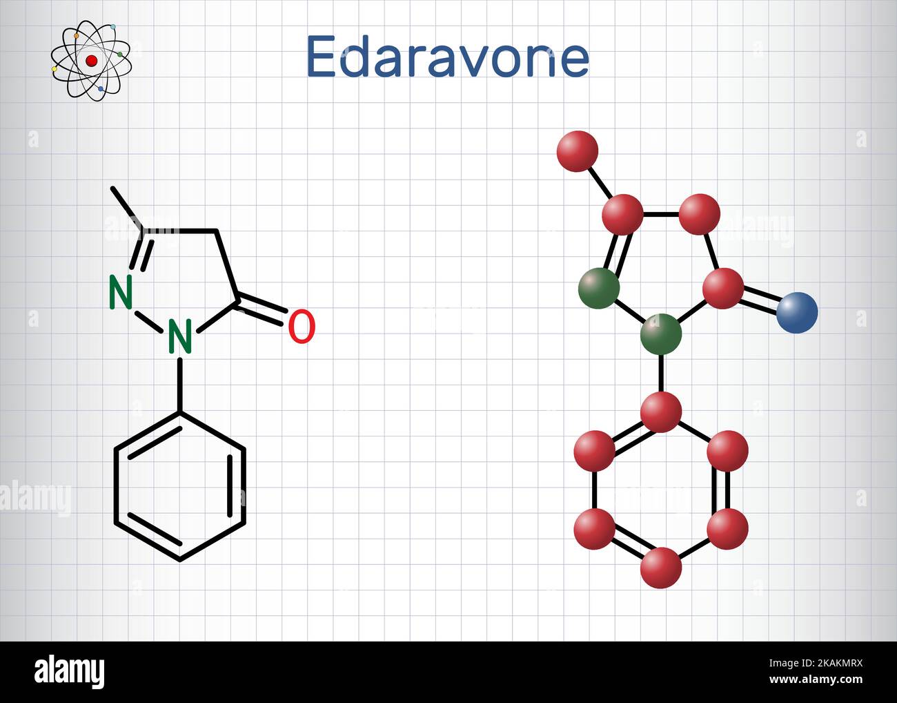 Edaravone molecule. It is used for treatment of amyotrophic lateral sclerosis ALS. Structural chemical formula, molecule model. Sheet of paper in a ca Stock Vector