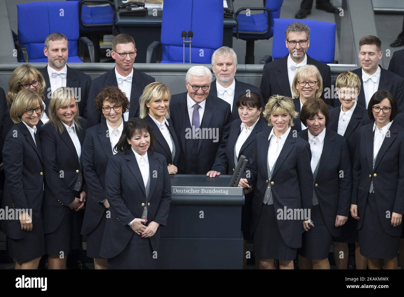 New elected German President Frank-Walter Steinmeier (C) poses for a picture with Bundestag employees after his election by the Bundesversammlung (Federal Assembly) at the Reichstag in Berlin, Germany on February 12, 2017. Steinmeier, 61, obtained 931 votes out of 1,260 being the official candidate of the government parties CDU/CSU and SPD and supported from FDP and Green party, against poverty researcher Christoph Butterwegge, nominated by the left party Die Linke and Albrecht Glaser, nominated by the far right party AfD (Alternative for Germany). (Photo by Emmanuele Contini/NurPhoto) *** Ple Stock Photo