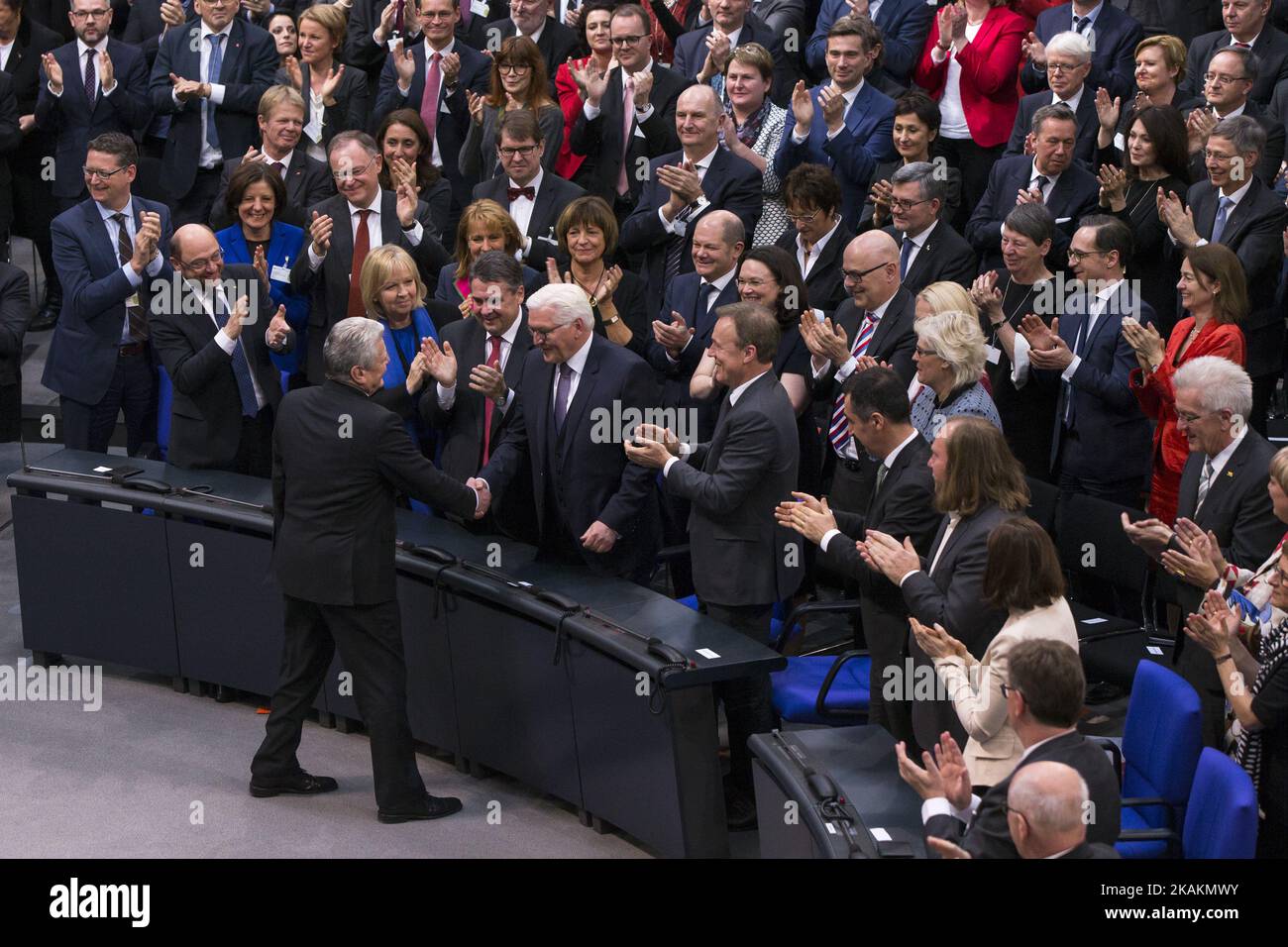 German new President Frank-Walter Steinmeier (first row, 2R) is congratulated from German President Joachim Gauck after being elected by the 16th Bundesversammlung (Federal Assembly) at the Bundestag in Berlin, Germany on February 12, 2017. Steinmeier, 61, obtained xyz votes out of 1,260 being the official candidate of the government parties CDU/CSU and SPD and supported from FDP and Green party, against poverty researcher Christoph Butterwegge, nominated by the left party Die Linke and Albrecht Glaser, nominated by the far right party AfD (Alternative for Germany). (Photo by Emmanuele Contini Stock Photo