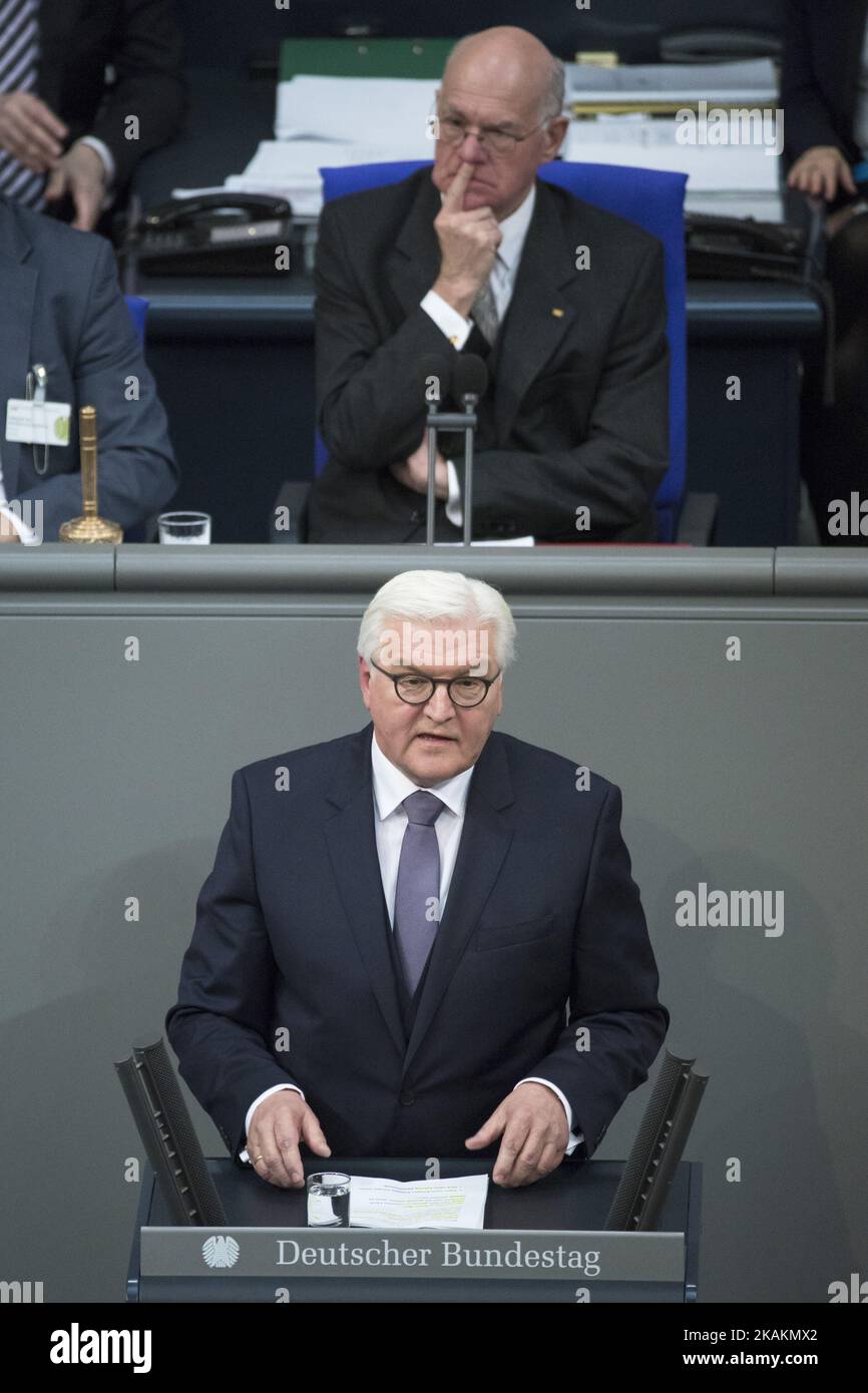 New elected German President Frank-Walter Steinmeier (C) holds a speach after his election by the Bundesversammlung (Federal Assembly) at the Reichstag in Berlin, Germany on February 12, 2017. Steinmeier, 61, obtained 931 votes out of 1,260 being the official candidate of the government parties CDU/CSU and SPD and supported from FDP and Green party, against poverty researcher Christoph Butterwegge, nominated by the left party Die Linke and Albrecht Glaser, nominated by the far right party AfD (Alternative for Germany). (Photo by Emmanuele Contini/NurPhoto) *** Please Use Credit from Credit Fie Stock Photo