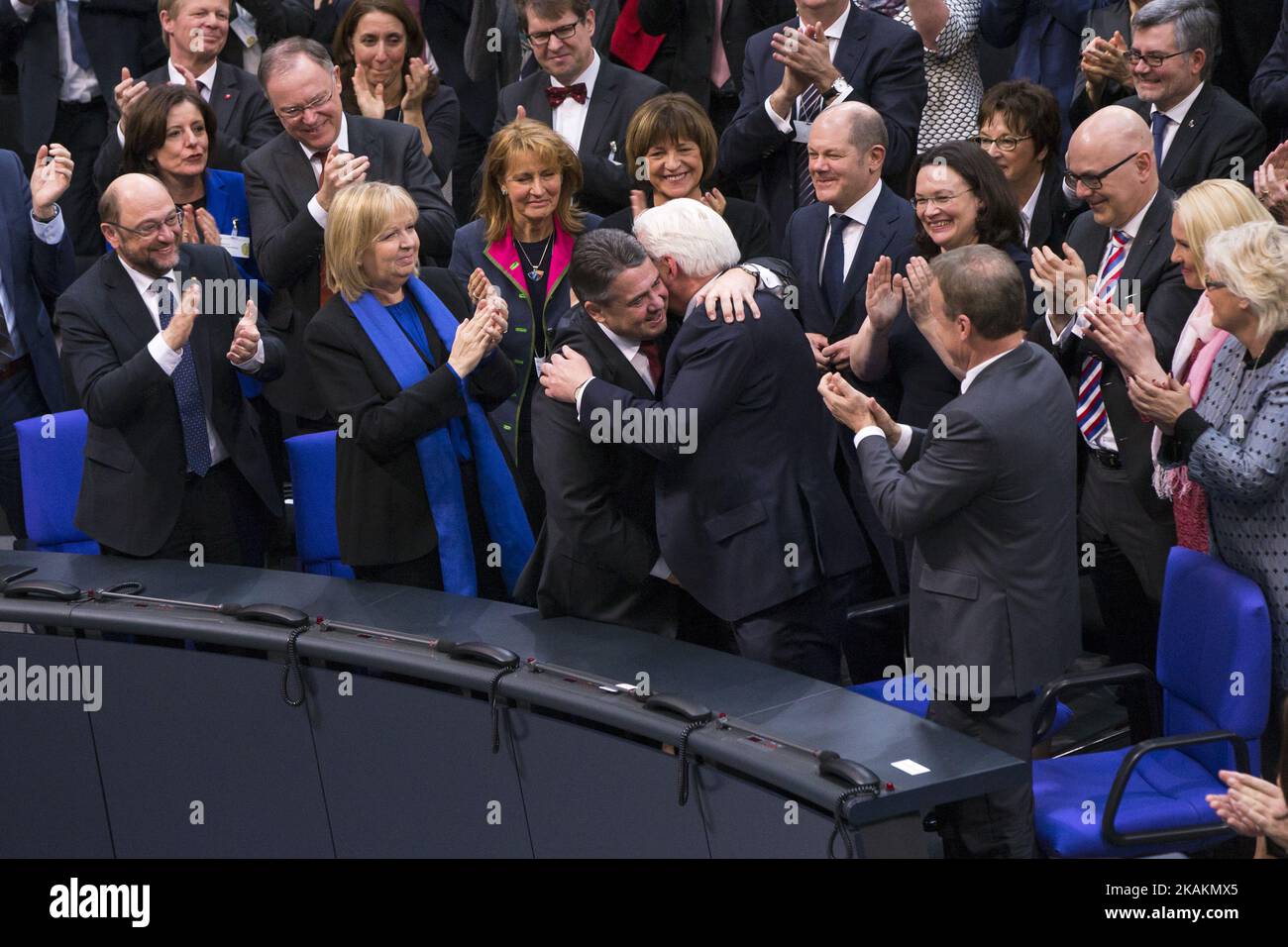 German new President Frank-Walter Steinmeier (first row, 2R) is congratulated from German Foreign Minister Sigmar Gabriel after being elected by the 16th Bundesversammlung (Federal Assembly) at the Bundestag in Berlin, Germany on February 12, 2017. Steinmeier, 61, obtained xyz votes out of 1,260 being the official candidate of the government parties CDU/CSU and SPD and supported from FDP and Green party, against poverty researcher Christoph Butterwegge, nominated by the left party Die Linke and Albrecht Glaser, nominated by the far right party AfD (Alternative for Germany). (Photo by Emmanuele Stock Photo