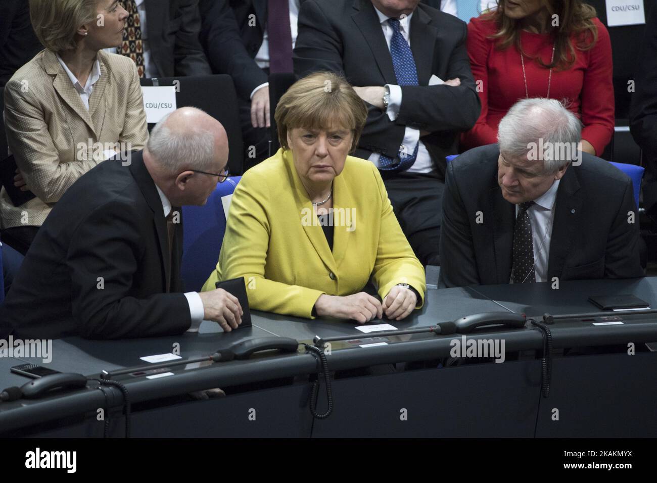 German Chancellor Angela Merkel (C), President of Bavaria Horst Seehofer (R) and chairman of the CDU/CSU Bundestag faction Volker Kauder (L) during the vote for the presidential election by the Bundesversammlung (Federal Assembly) at the Reichstag in Berlin, Germany on February 12, 2017. Presidential candidate Frank-Walter Steinmeier, 61, is certain to be voted as new President being the official candidate of the government parties CDU/CSU and SPD and supported from FDP and Green party, against poverty researcher Christoph Butterwegge, nominated by the left party Die Linke and Albrecht Glaser, Stock Photo