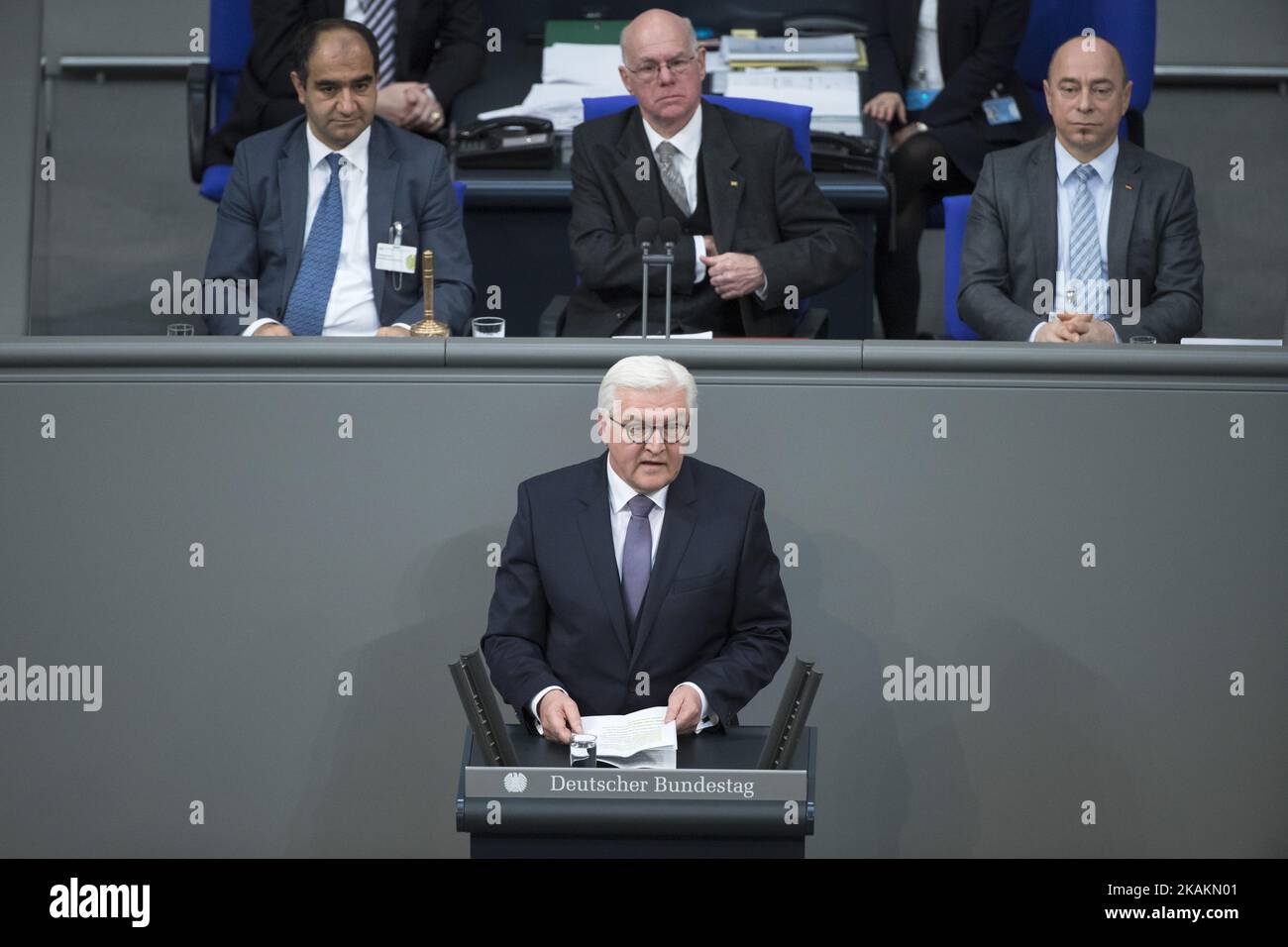 New elected German President Frank-Walter Steinmeier (C) holds a speach after his election by the Bundesversammlung (Federal Assembly) at the Reichstag in Berlin, Germany on February 12, 2017. Steinmeier, 61, obtained 931 votes out of 1,260 being the official candidate of the government parties CDU/CSU and SPD and supported from FDP and Green party, against poverty researcher Christoph Butterwegge, nominated by the left party Die Linke and Albrecht Glaser, nominated by the far right party AfD (Alternative for Germany). (Photo by Emmanuele Contini/NurPhoto) *** Please Use Credit from Credit Fie Stock Photo