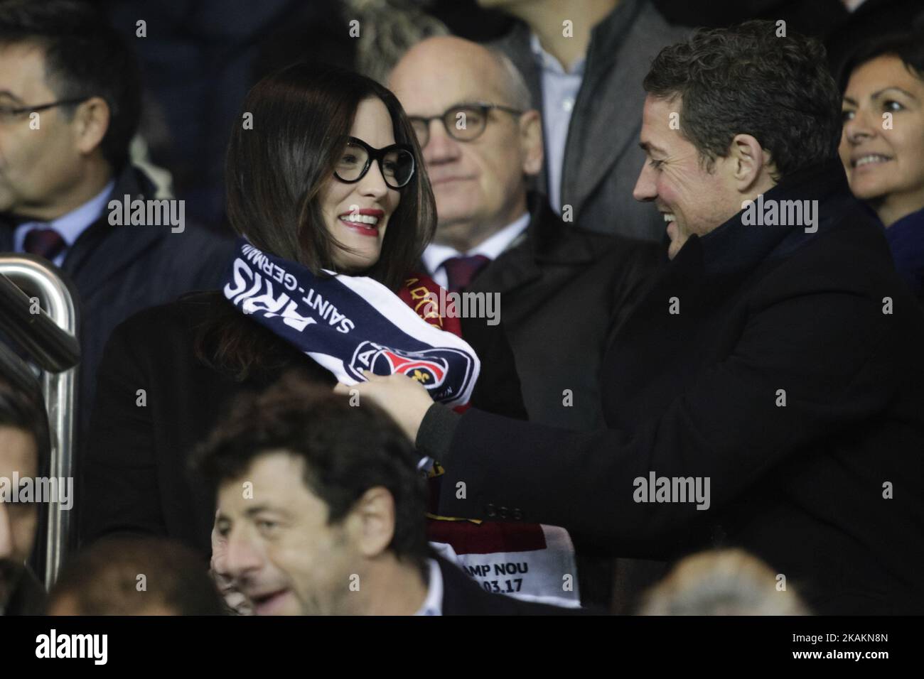 Liv Tyler (L) and husband Royston Langdon of ArcKid attend the UEFA Champions League round of 16 first leg football match between Paris Saint-Germain and FC Barcelona on February 14, 2017 at the Parc des Princes stadium in Paris. (Photo by Geoffroy Van der Hasselt/NurPhoto) *** Please Use Credit from Credit Field *** Stock Photo