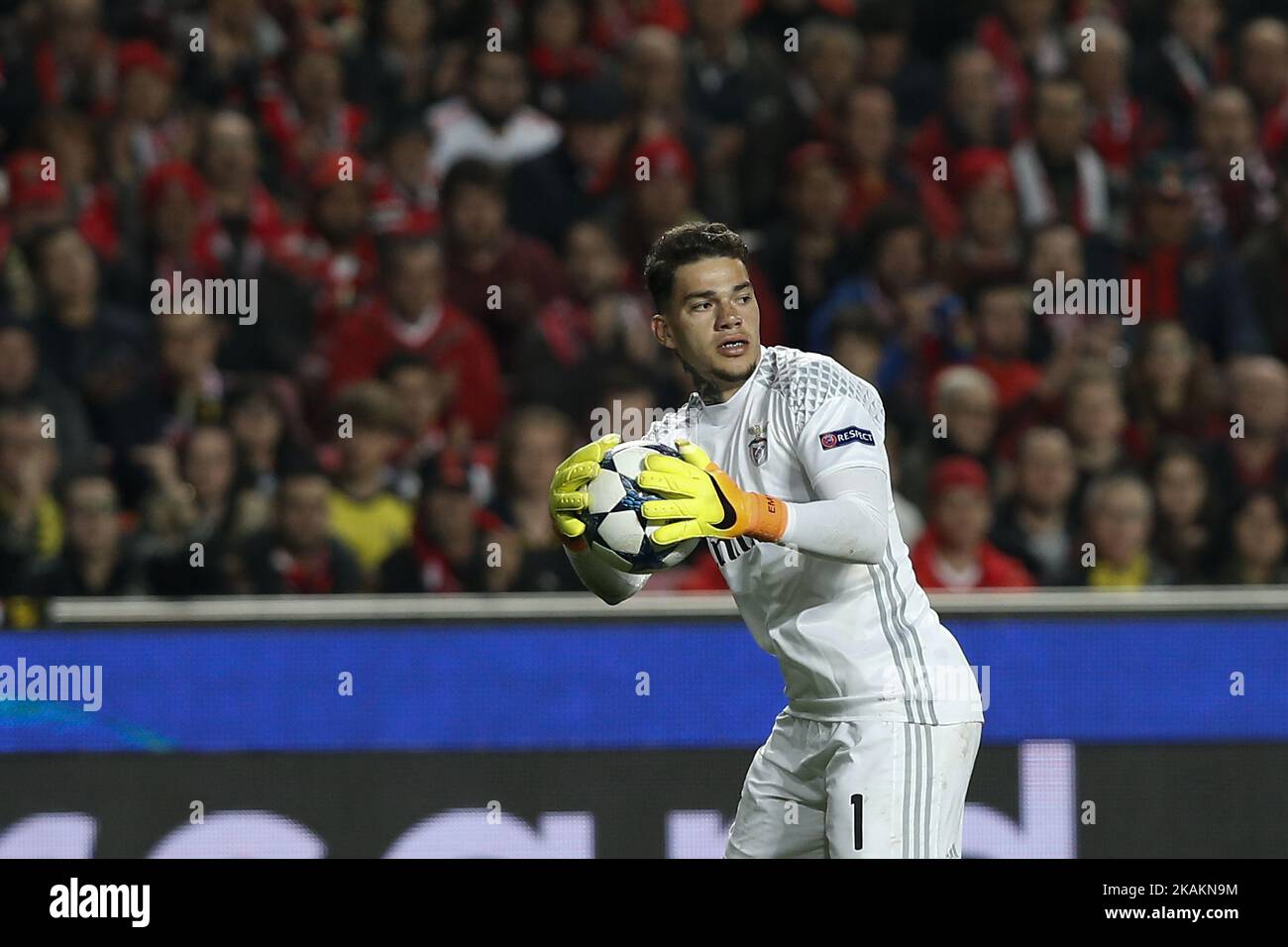 Benfica's goalkeeper Ederson in action during Champions League 2016/17 match between SL Benfica vs BVB Borussia Dortmund, in Lisbon, on February 14, 2017. (Photo by Carlos Palma/NurPhoto) *** Please Use Credit from Credit Field *** Stock Photo