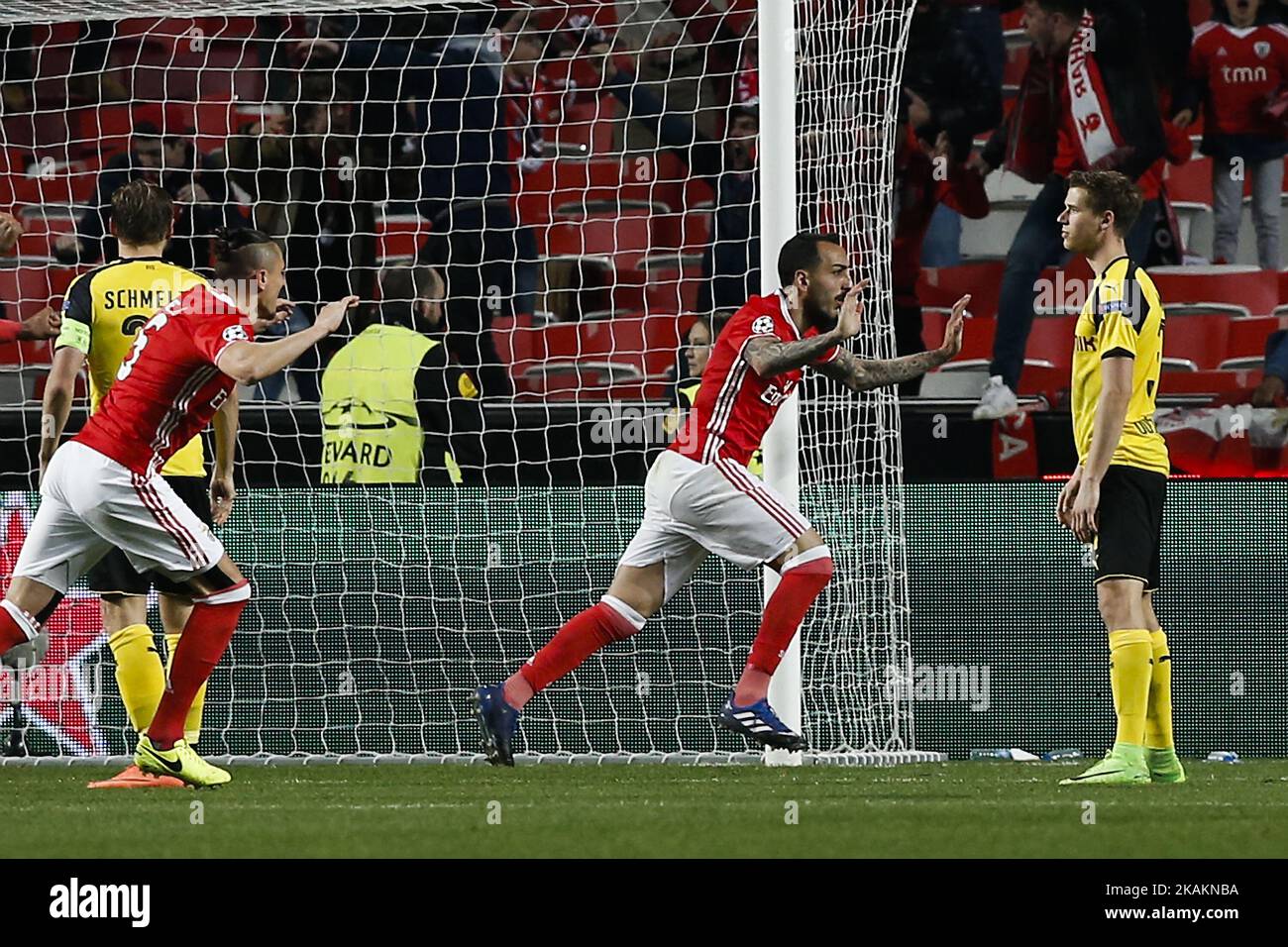 Benfica's forward Kostas Mitroglou (C) celebrates his goal during Champions League 2016/17 match between SL Benfica vs BVB Borussia Dortmund, in Lisbon, on February 14, 2017. (Photo by Carlos Palma/NurPhoto) *** Please Use Credit from Credit Field *** Stock Photo
