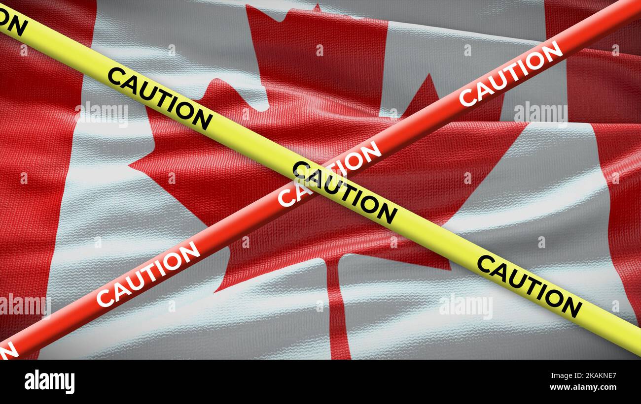 Canada country national flag with caution yellow tape. Issue in country news. 3D illustration. Stock Photo
