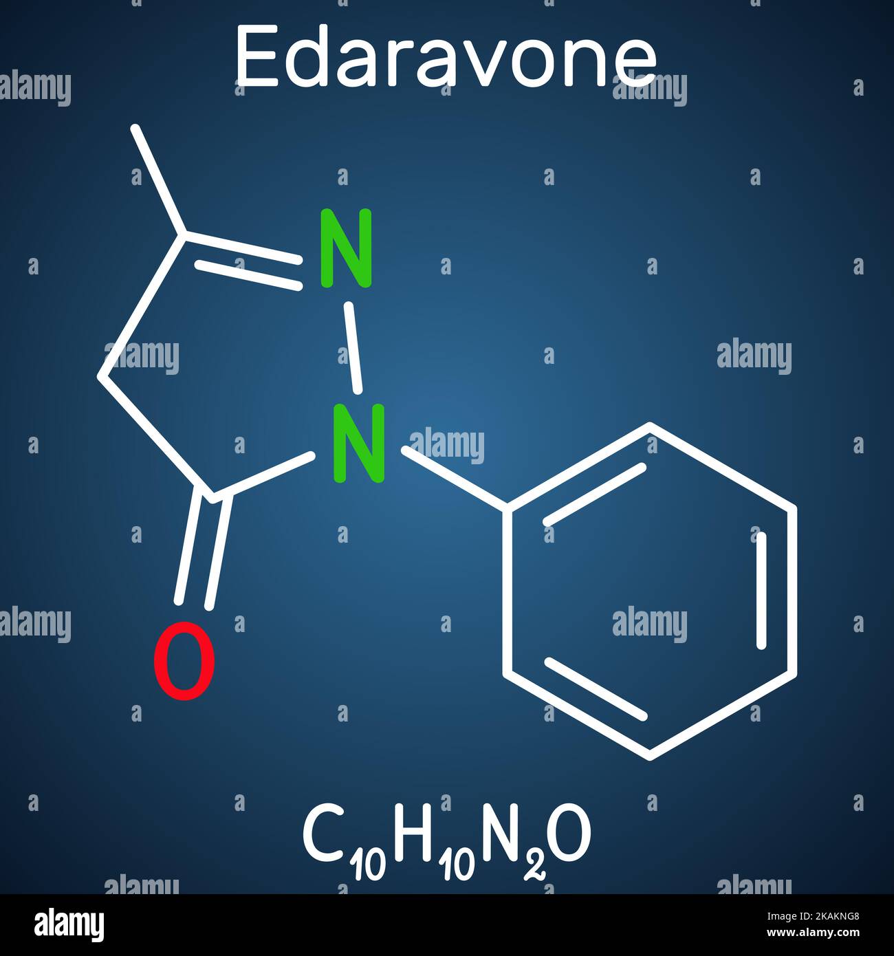 Edaravone molecule. It is used for treatment of amyotrophic lateral sclerosis ALS. Structural chemical formula on the dark blue background. Vector ill Stock Vector