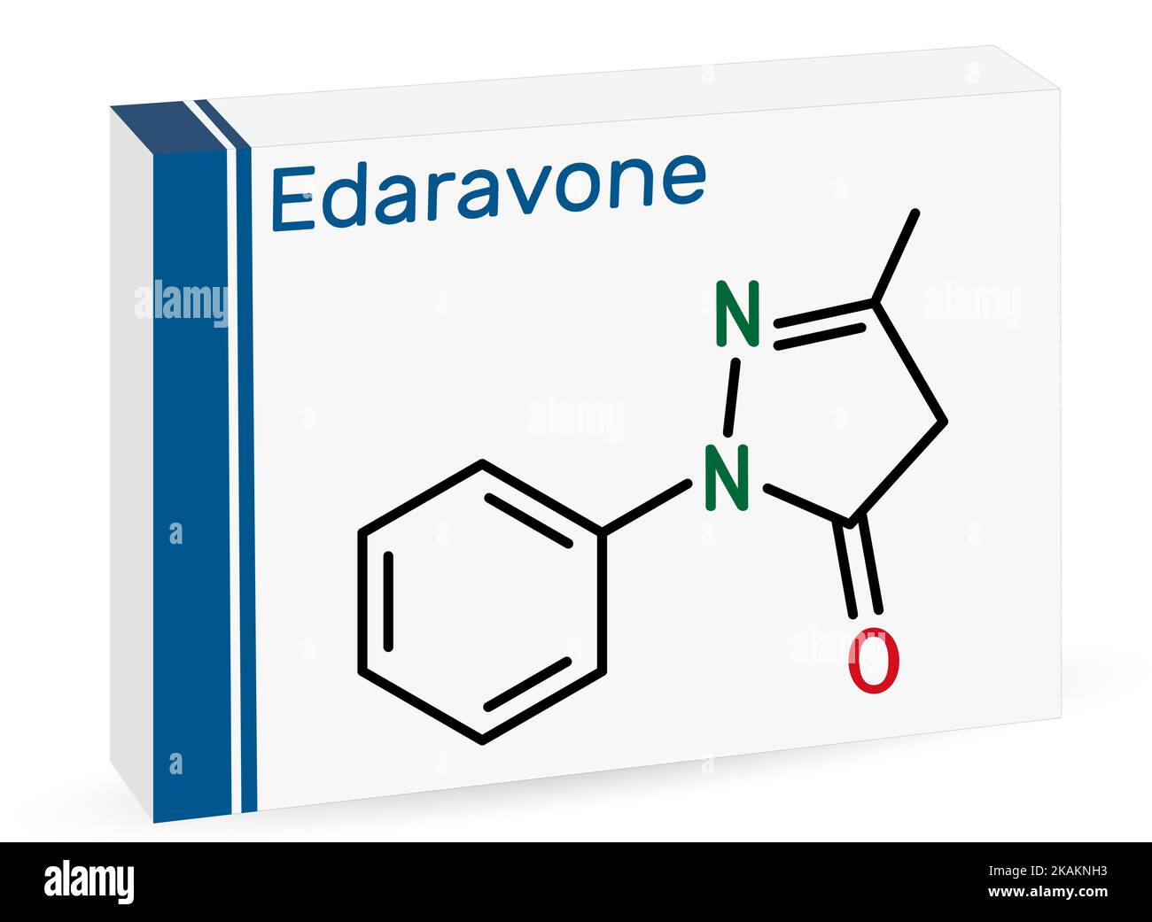 Edaravone molecule. It is used for treatment of amyotrophic lateral sclerosis ALS. Skeletal chemical formula. Paper packaging for drugs. Vector illust Stock Vector