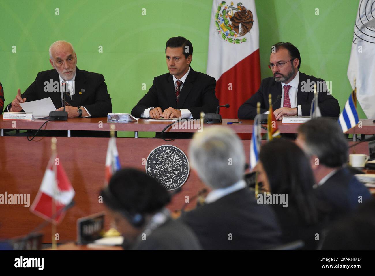Brazilian Ambassador Luiz Felipe de Macedo Soares (L), President of Mexico Enrique Pena Nieto (C) and Foreign Minister Luis Videgaray (R) during the 25th Session of the General Conference of the Agency for the Prohibition of Nuclear Weapons in Latin America and the Caribbean at Foreign Affairs Building on February 14, 2017 in Mexico City, Mexico, (Photo by Carlos Tischler/NurPhoto) *** Please Use Credit from Credit Field *** Stock Photo