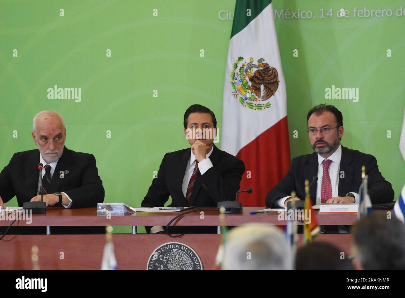 Brazilian Ambassador Luiz Felipe de Macedo Soares (L), President of Mexico Enrique Pena Nieto (C) and Foreign Minister Luis Videgaray (R) during the 25th Session of the General Conference of the Agency for the Prohibition of Nuclear Weapons in Latin America and the Caribbean at Foreign Affairs Building on February 14, 2017 in Mexico City, Mexico, (Photo by Carlos Tischler/NurPhoto) *** Please Use Credit from Credit Field *** Stock Photo