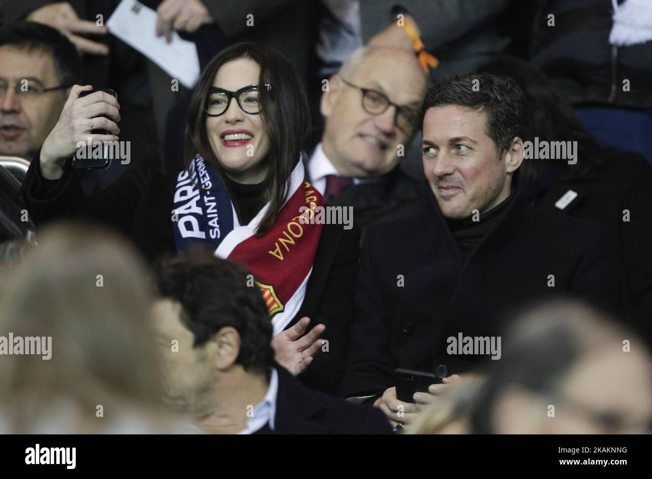 Liv Tyler (L) and husband Royston Langdon of ArcKid attend the UEFA Champions League round of 16 first leg football match between Paris Saint-Germain and FC Barcelona on February 14, 2017 at the Parc des Princes stadium in Paris. (Photo by Geoffroy Van der Hasselt/NurPhoto) *** Please Use Credit from Credit Field *** Stock Photo