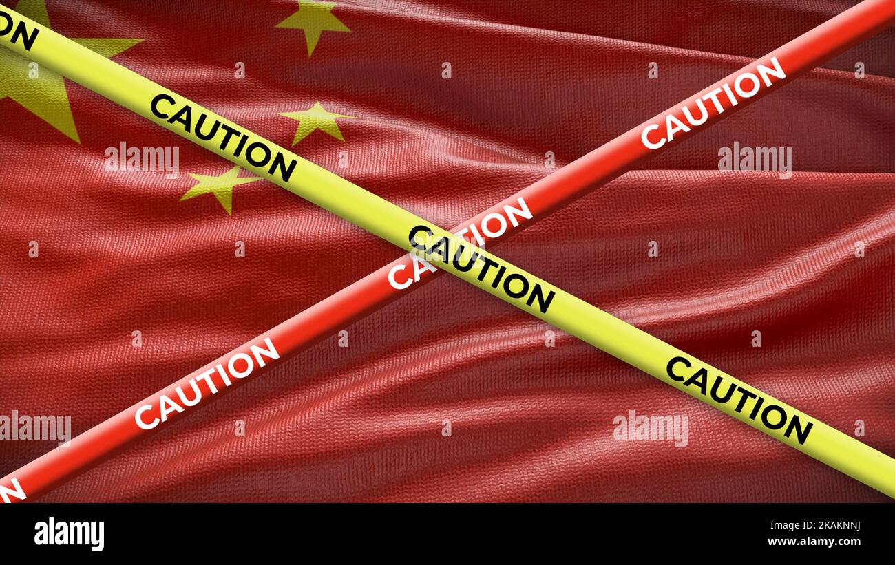 China country national flag with caution yellow tape. Issue in country news. 3D illustration. Stock Photo