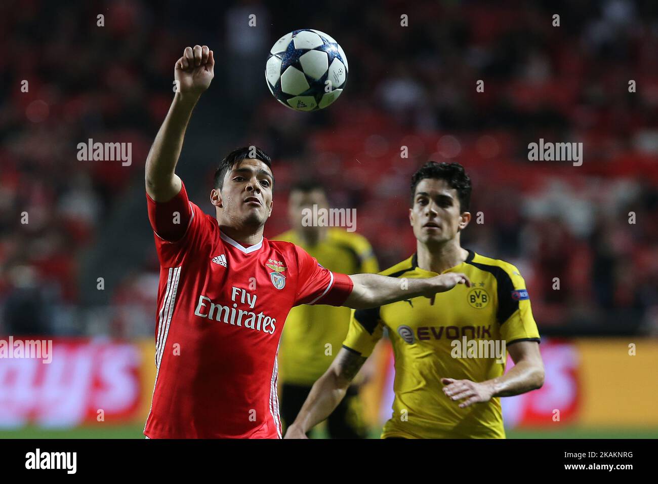 Benficas forward Raul Jimenez from Mexico during the SL Benfica v Borussia Dortmund - UEFA Champions League16 Final match at Estadio da Luz on February 14, 2017 in Lisbon, Portugal.(Photo by Bruno Barros / DPI / NurPhoto) *** Please Use Credit from Credit Field *** Stock Photo