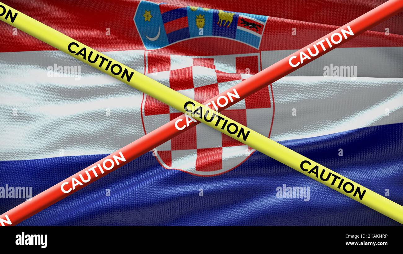 Croatia country national flag with caution yellow tape. Issue in country news. 3D illustration. Stock Photo