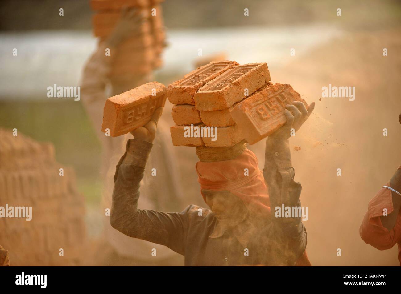 A Migrant Indian labourer stacks bricks by balancing them onto his head at a brick factory in Lalitpur, Nepal on Wednesday, February 15, 2017. Indian labourers carrys 12 to 16 bricks on his head. (Photo by Narayan Maharjan/NurPhoto) *** Please Use Credit from Credit Field *** Stock Photo
