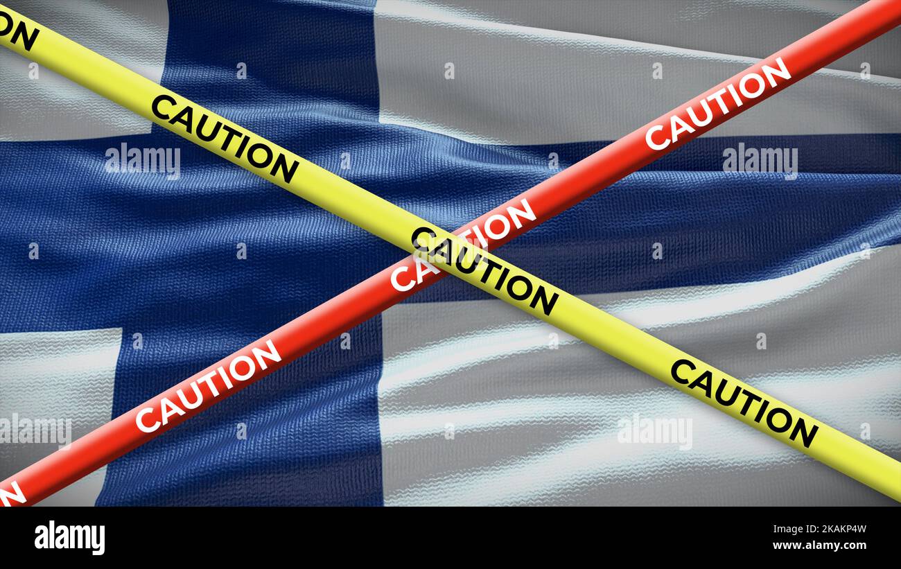 Finland country national flag with caution yellow tape. Issue in country news. 3D illustration. Stock Photo