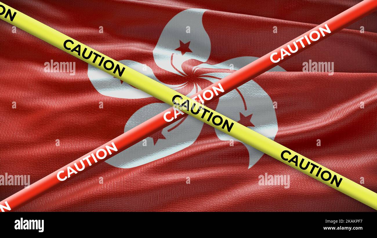 Hong Kong country national flag with caution yellow tape. Issue in country news. 3D illustration. Stock Photo